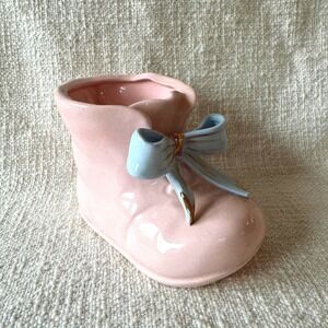 Vintage Ceramic Baby Boot Vase / Planter Blush Pink with Blue Bow